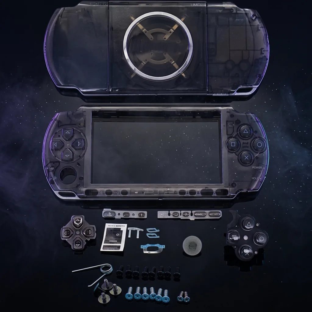 Transparent Black PSP 2000/3000 Slim replacement shell kit with buttons and screws, see-through modded PSP housing UK