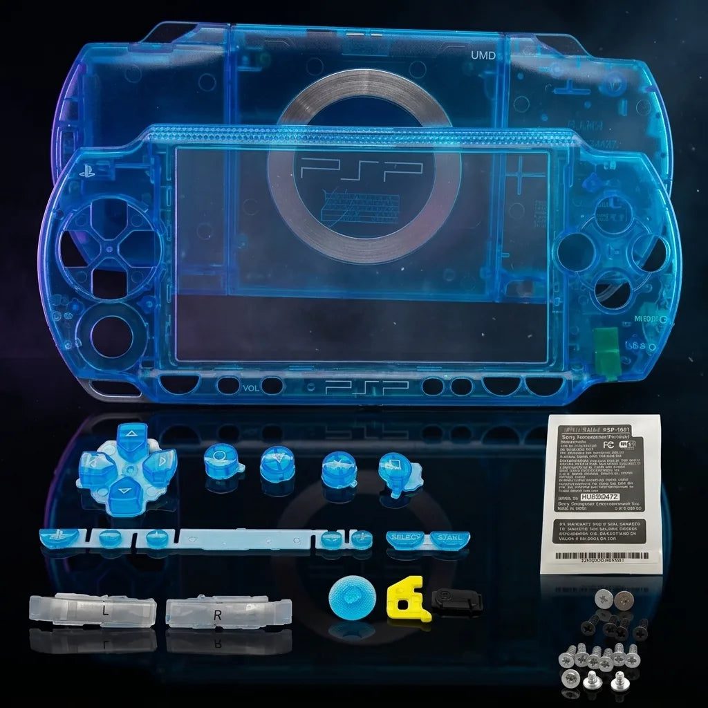 Transparent Blue PSP 1000 Phat replacement shell kit with buttons and screws, see-through modded PSP housing UK