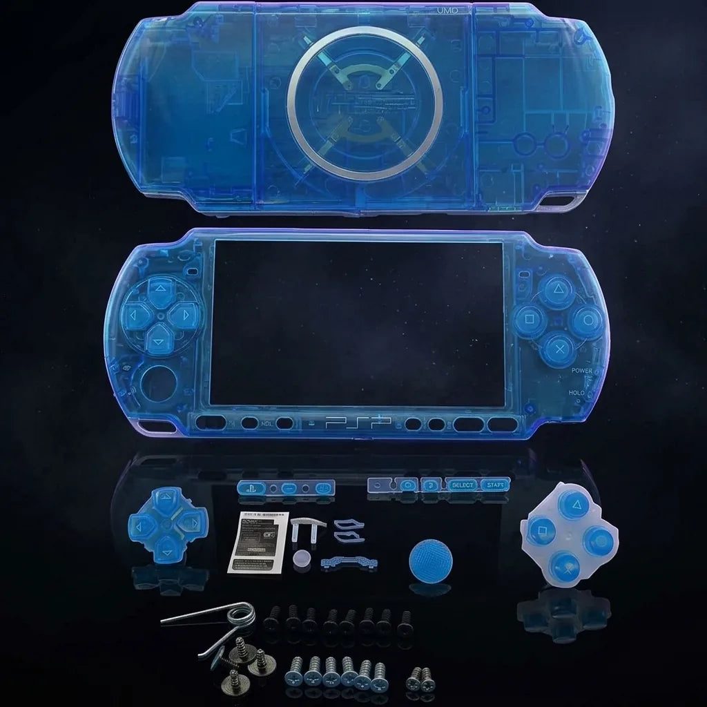 Transparent Blue PSP 2000/3000 Slim replacement shell kit with buttons and screws, see-through modded PSP housing UK