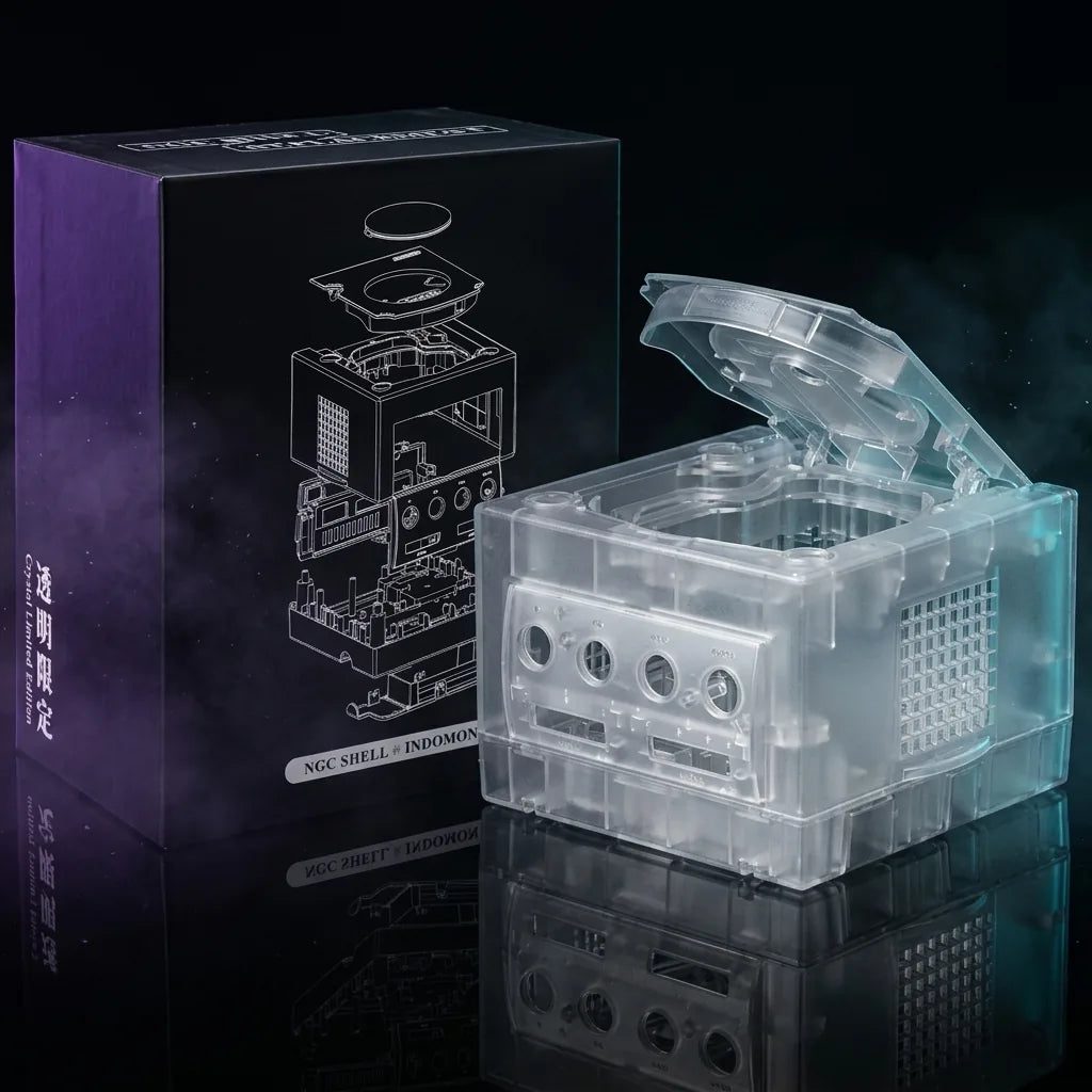 Transparent Clear Nintendo GameCube replacement shell halves with screws, see-through modded GameCube housing UK