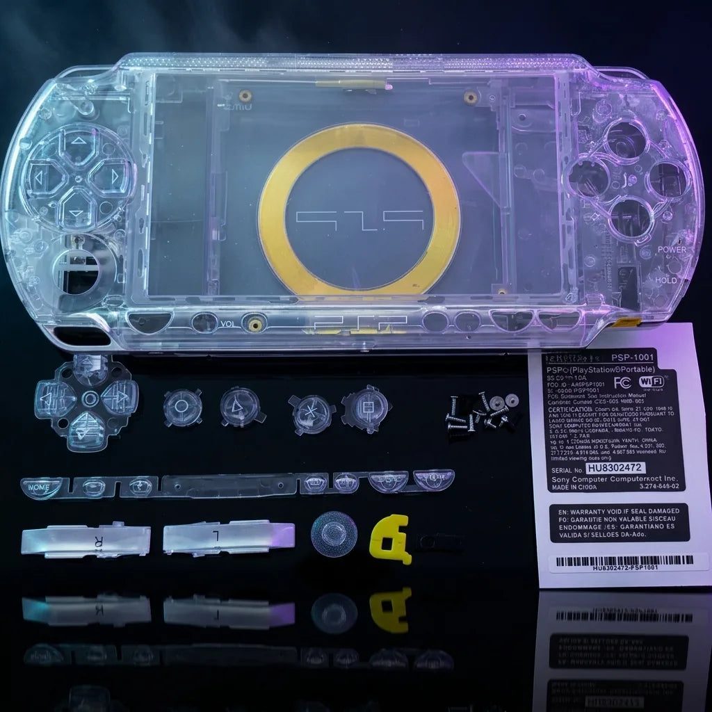 Transparent Clear PSP 1000 Phat replacement shell kit with buttons and screws, see-through modded PSP housing UK