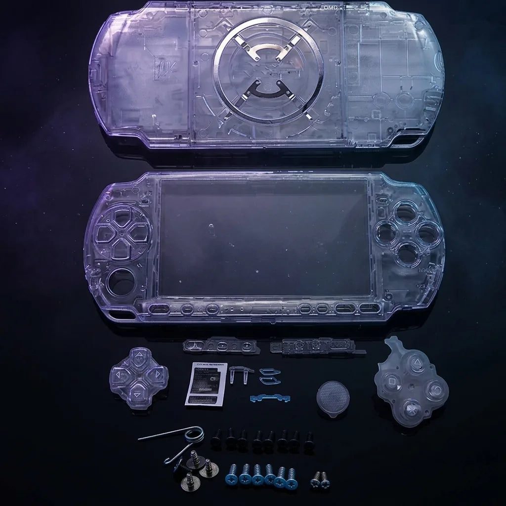 Transparent Clear PSP 2000/3000 Slim replacement shell kit with buttons and screws, see-through modded PSP housing UK