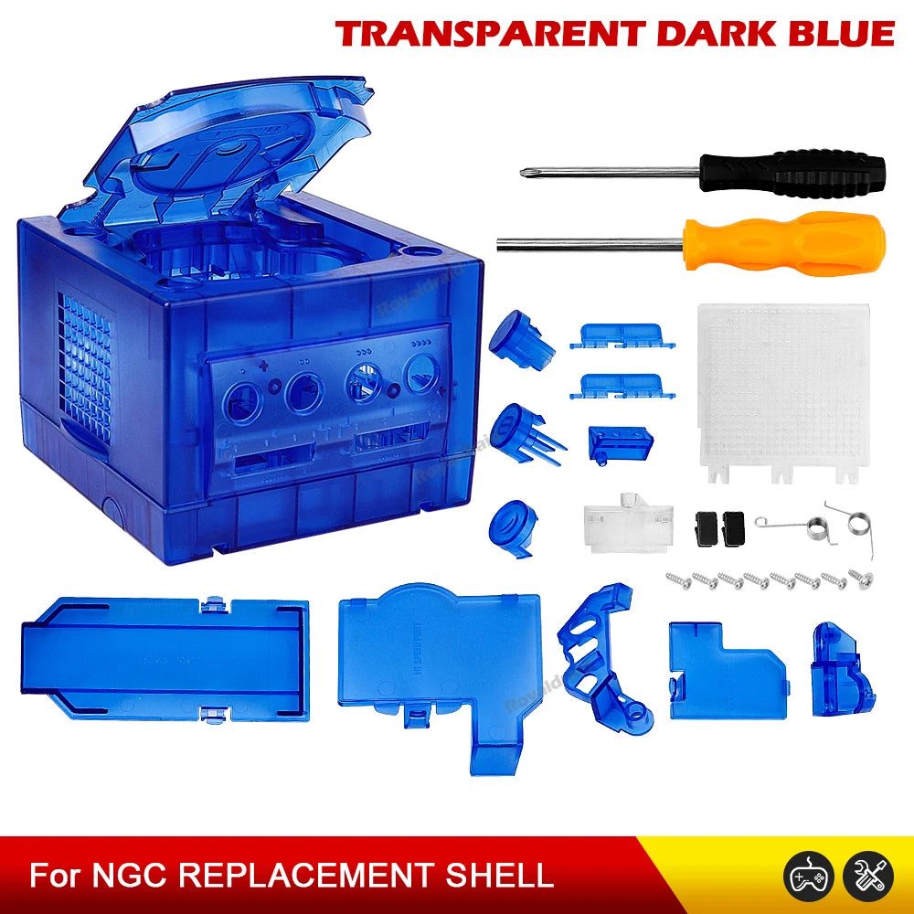 See-through dark blue GameCube housing panels for a custom crystal console mod, buy clear GameCube shell online UK