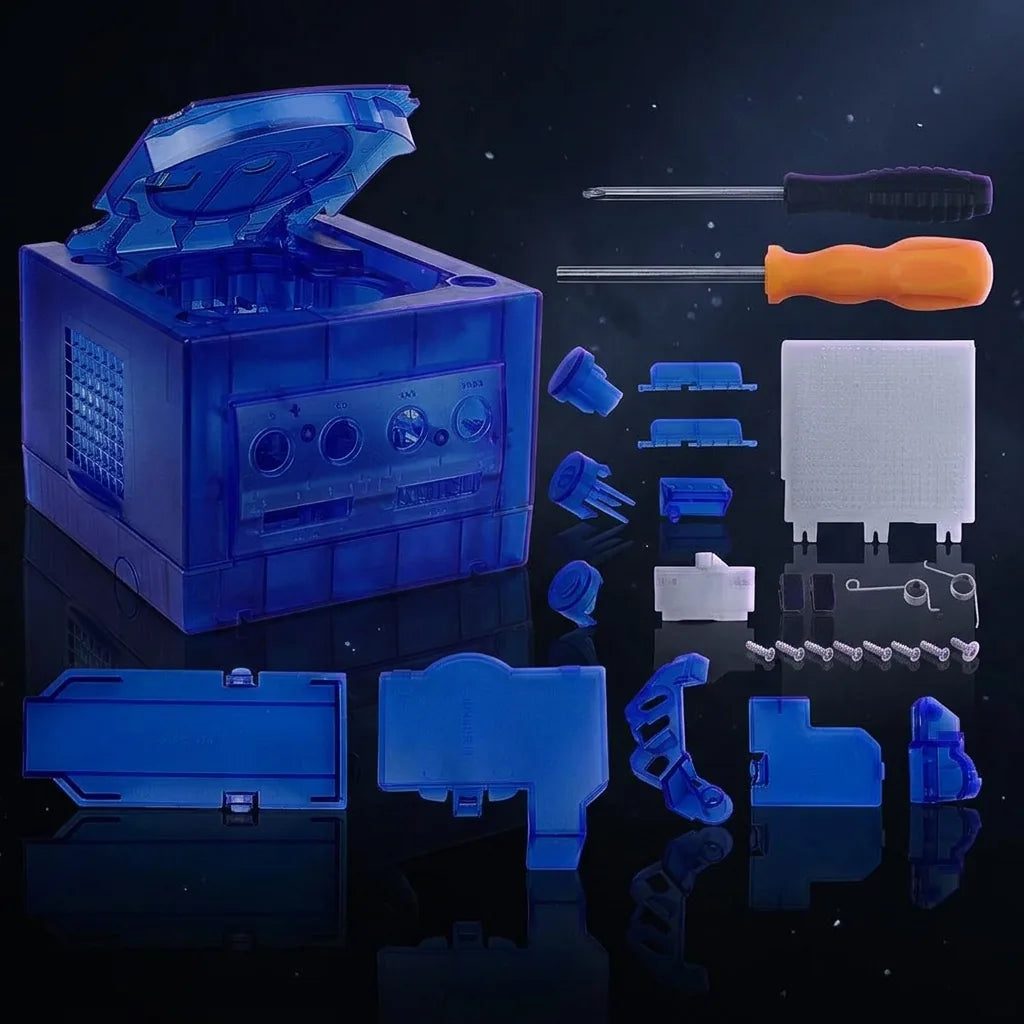 Transparent Dark Blue Nintendo GameCube replacement shell halves with screws, see-through modded GameCube housing UK