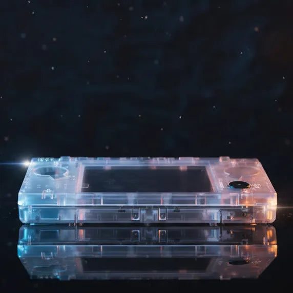 Colourless clear Crystal Ghost DSi housing catching a light glint on a dark starry background