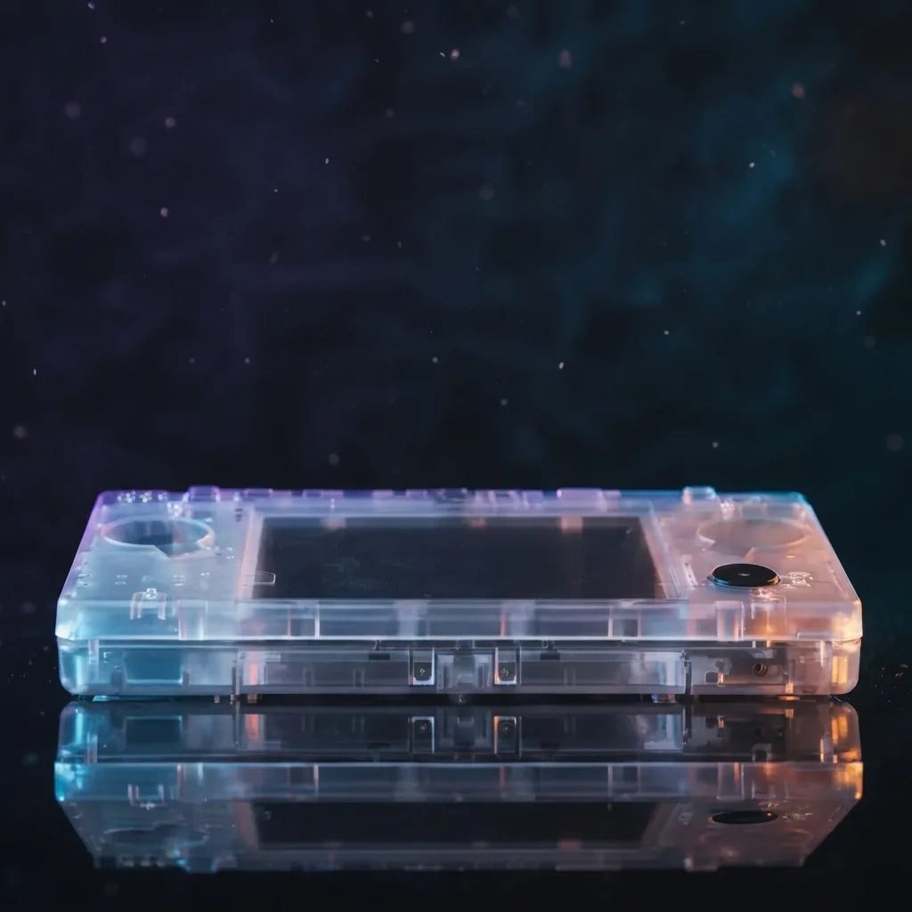 Crystal Ghost Bundle fully clear DSi replacement shell, closed transparent housing on a cosmic bg