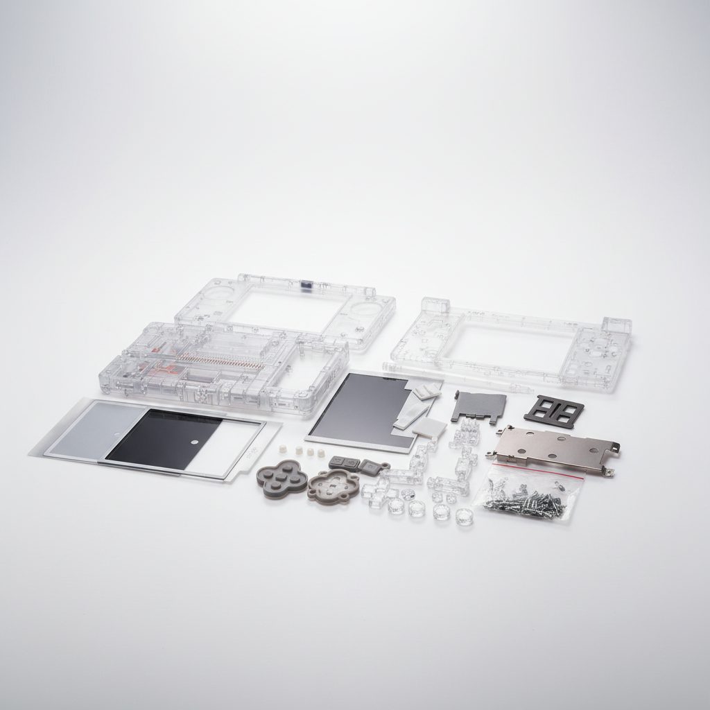 Full Crystal Ghost transparent DSi shell kit flat-lay on white with buttons, frames and screws - ModxGaming UK