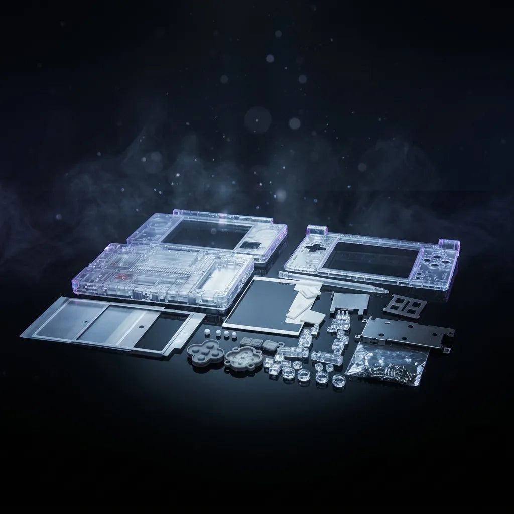 Crystal Ghost clear transparent DSi replacement shell parts laid out on a dark starry background