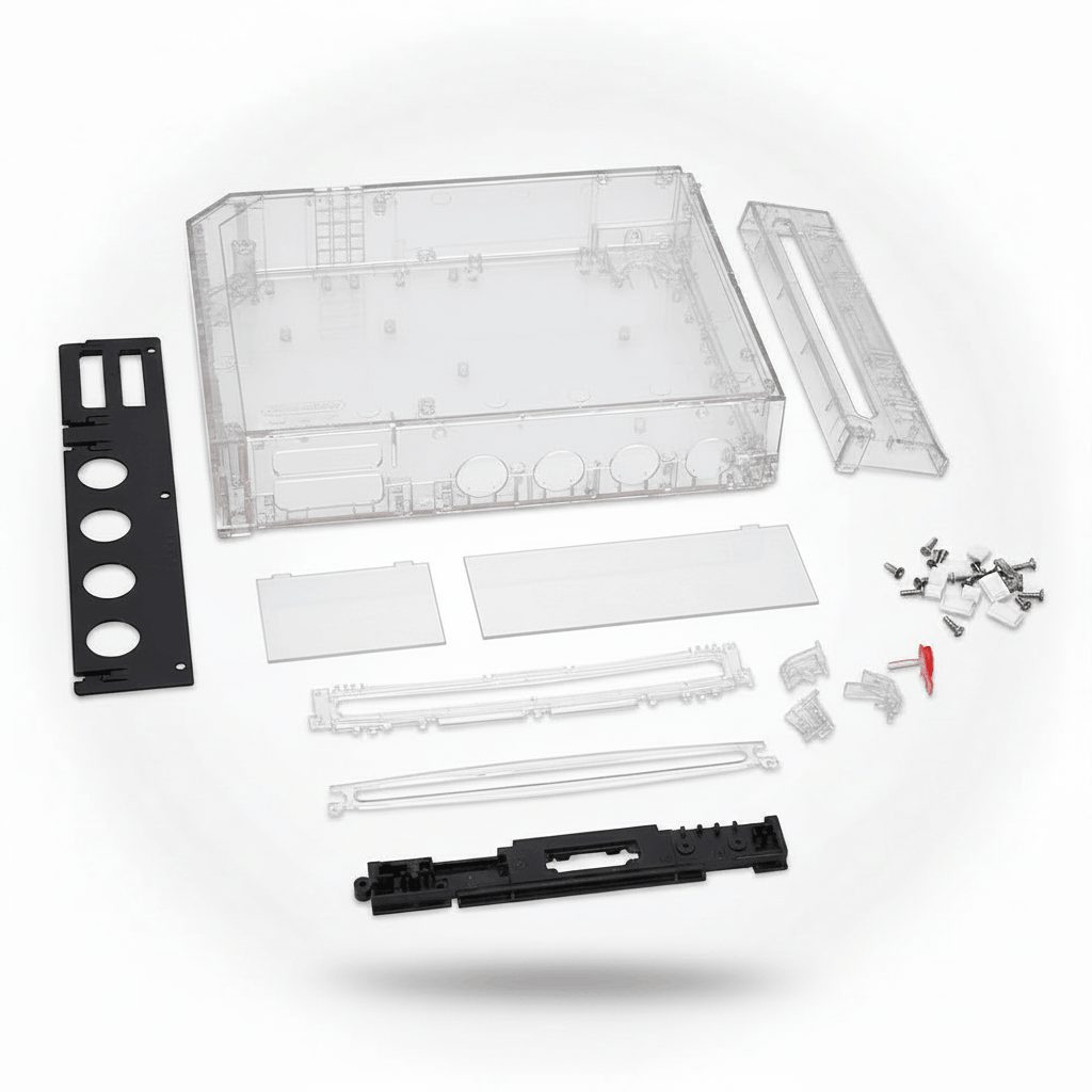 Complete Crystal Ghost clear Wii replacement shell kit on white with rails, IO shield, clips and screws, UK