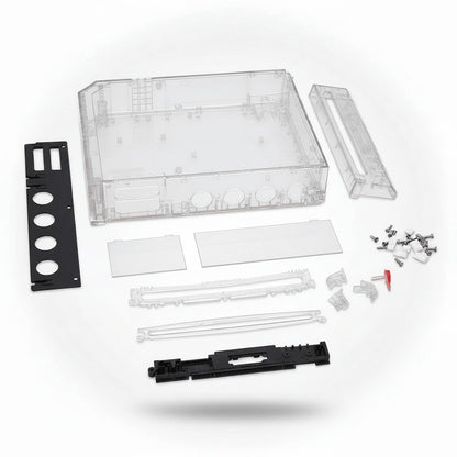 Complete Crystal Ghost clear Wii replacement shell kit on white with rails, IO shield, clips and screws, UK