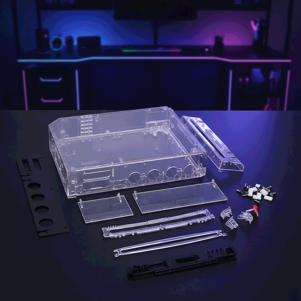 Transparent Wii aftermarket housing shell on an RGB-lit gaming desk showing the board inside, buy online UK