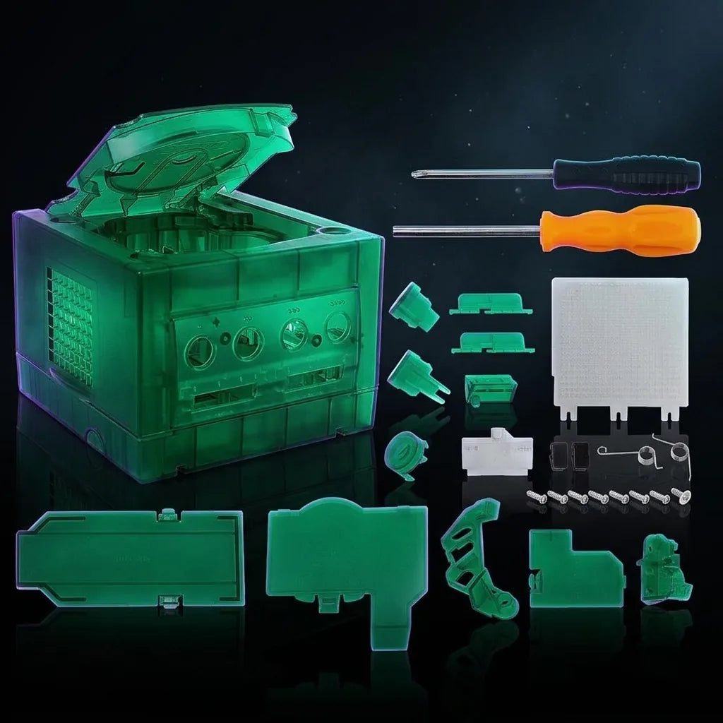 Transparent Green Nintendo GameCube replacement shell halves with screws, see-through modded GameCube housing UK