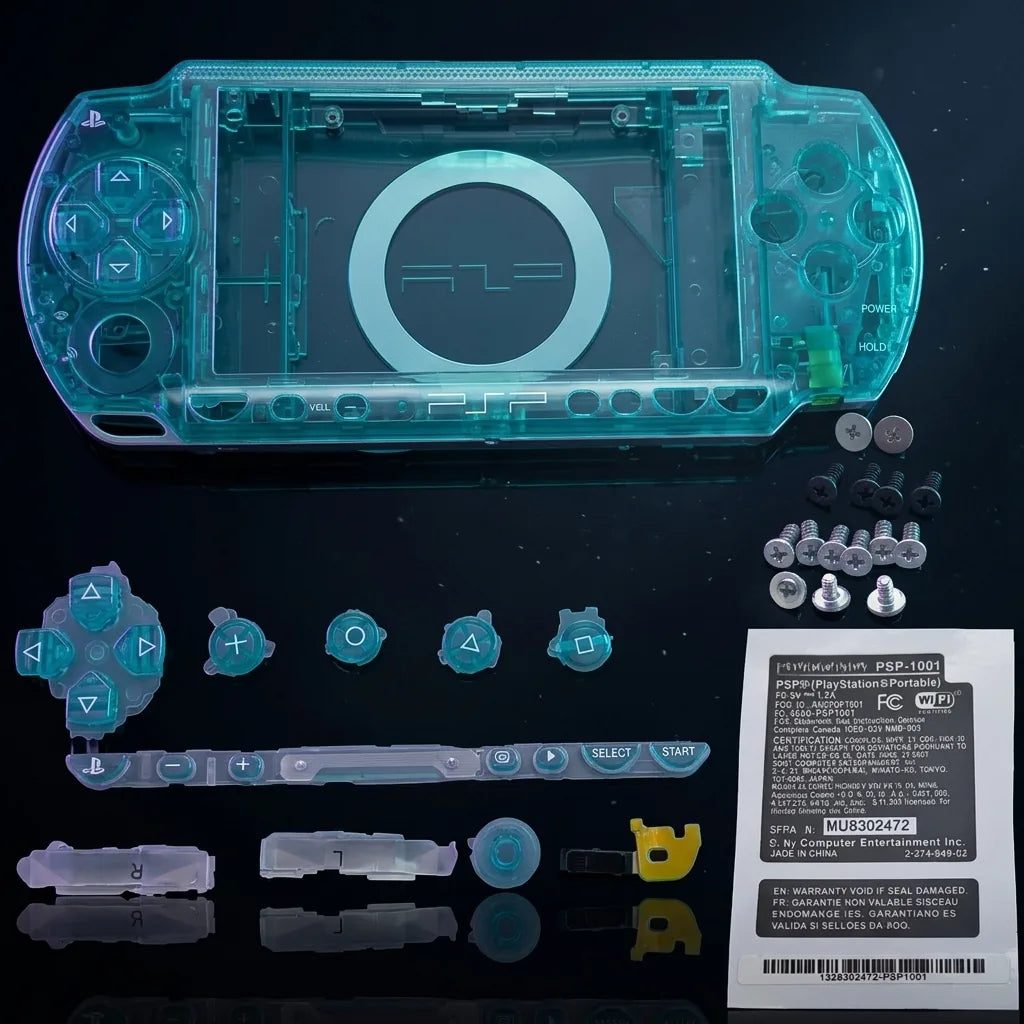 Transparent Green PSP 1000 Phat replacement shell kit with buttons and screws, see-through modded PSP housing UK