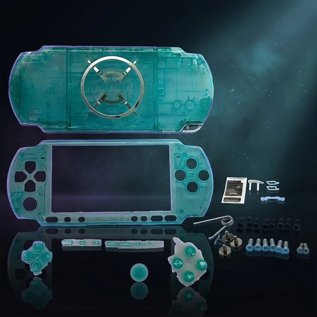 Transparent Green PSP 2000/3000 Slim replacement shell kit with buttons and screws, see-through modded PSP housing UK