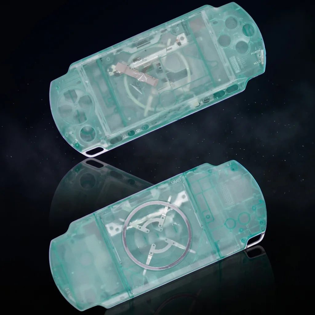 Transparent Light Green PSP 2000/3000 Slim replacement shell kit with buttons and screws, see-through modded PSP housing UK