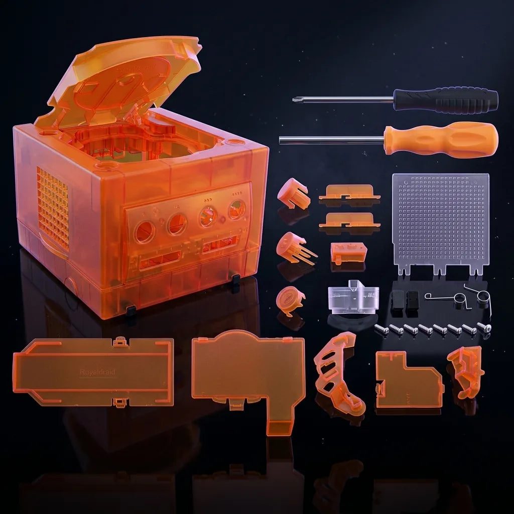 Transparent Orange Nintendo GameCube replacement shell halves with screws, see-through modded GameCube housing UK