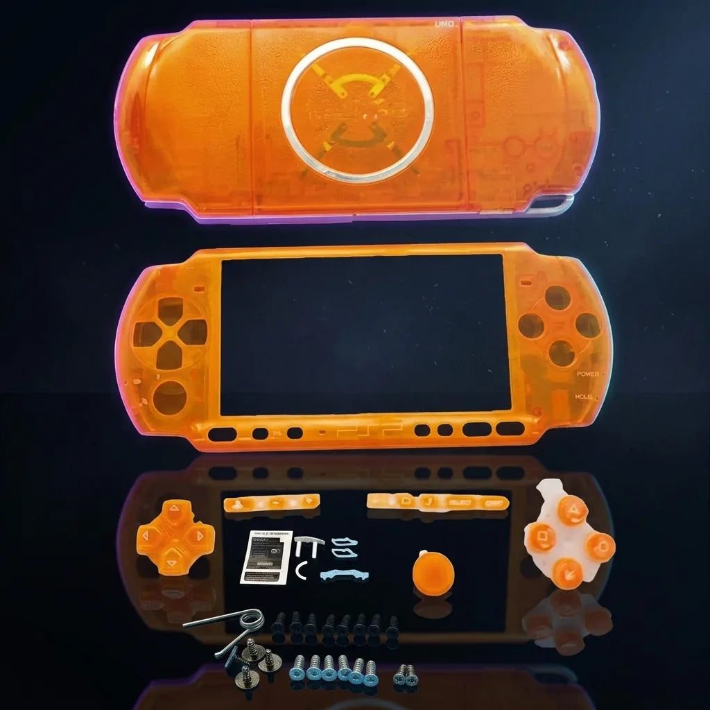 Transparent Orange PSP 2000/3000 Slim replacement shell kit with buttons and screws, see-through modded PSP housing UK