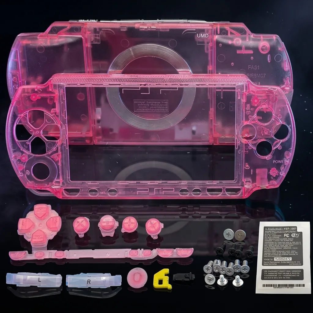 Transparent Pink PSP 1000 Phat replacement shell kit with buttons and screws, see-through modded PSP housing UK