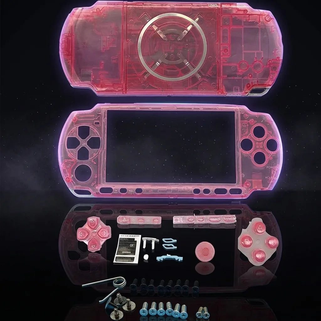 Transparent Pink PSP 2000/3000 Slim replacement shell kit with buttons and screws, see-through modded PSP housing UK