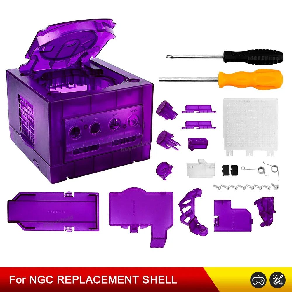 See-through purple GameCube housing panels for a custom crystal console mod, buy clear GameCube shell online UK