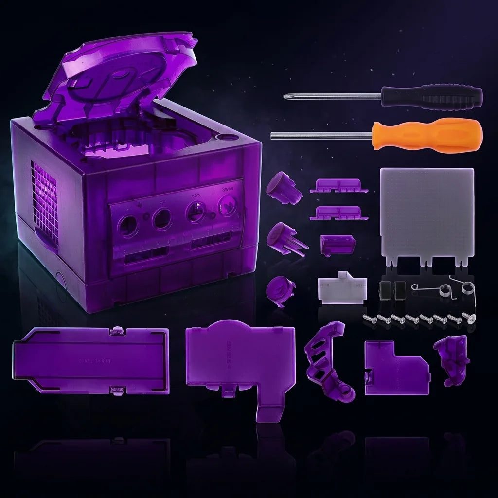 Transparent Purple Nintendo GameCube replacement shell halves with screws, see-through modded GameCube housing UK