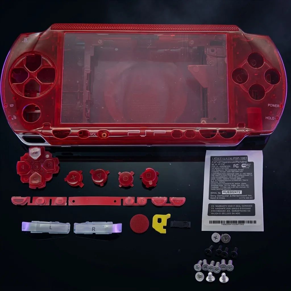 Transparent Red PSP 1000 Phat replacement shell kit with buttons and screws, see-through modded PSP housing UK