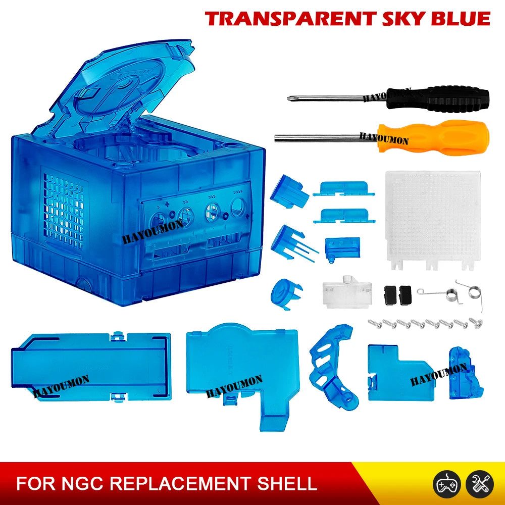 See-through sky blue GameCube housing panels for a custom crystal console mod, buy clear GameCube shell online UK