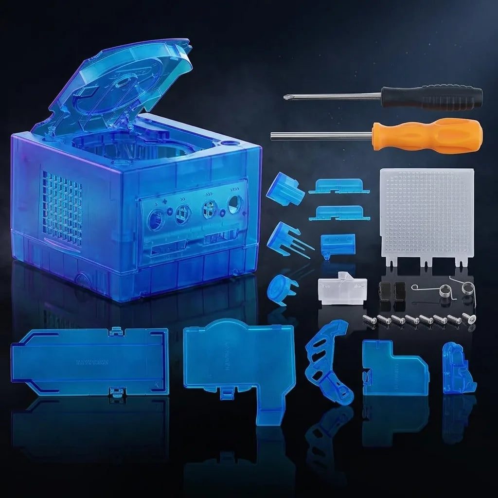 Transparent Sky Blue Nintendo GameCube replacement shell halves with screws, see-through modded GameCube housing UK