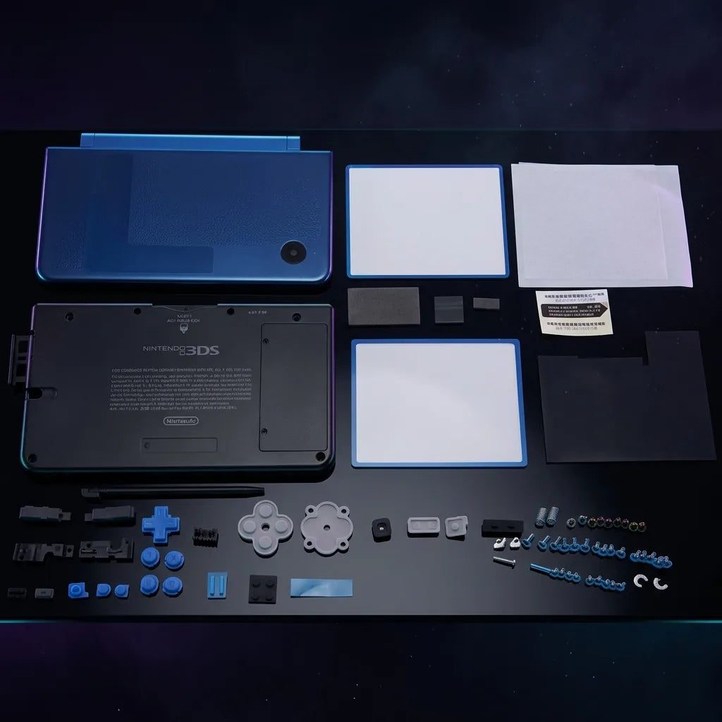 Metallic dark blue Nintendo DSi XL replacement shell kit with buttons on a dark studio background, ModxGaming UK