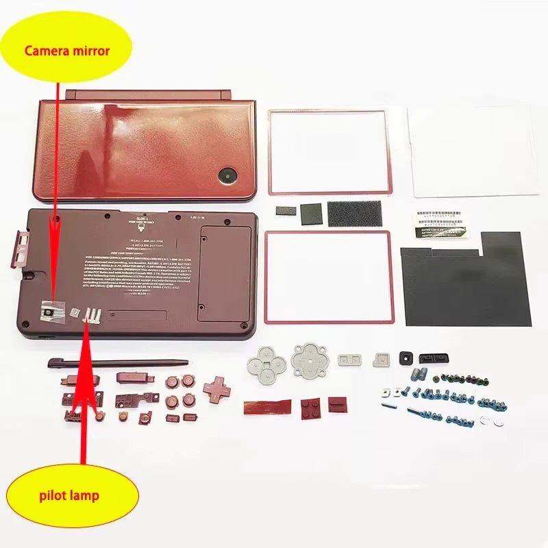 Dark red Nintendo DSi XL replacement housing with labelled camera mirror and buttons on white, from ModxGaming UK