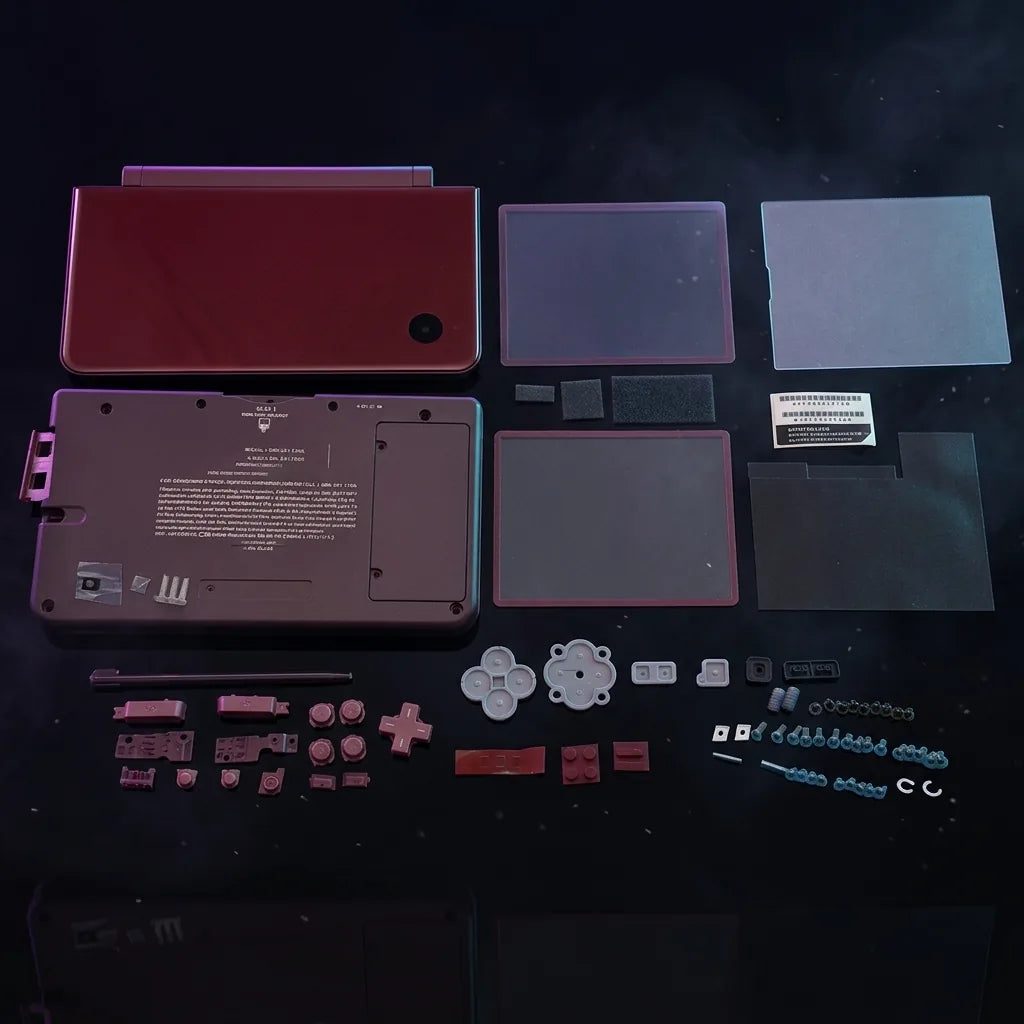 Dark red maroon Nintendo DSi XL replacement shell kit shown on a dark studio background, ModxGaming UK console housing