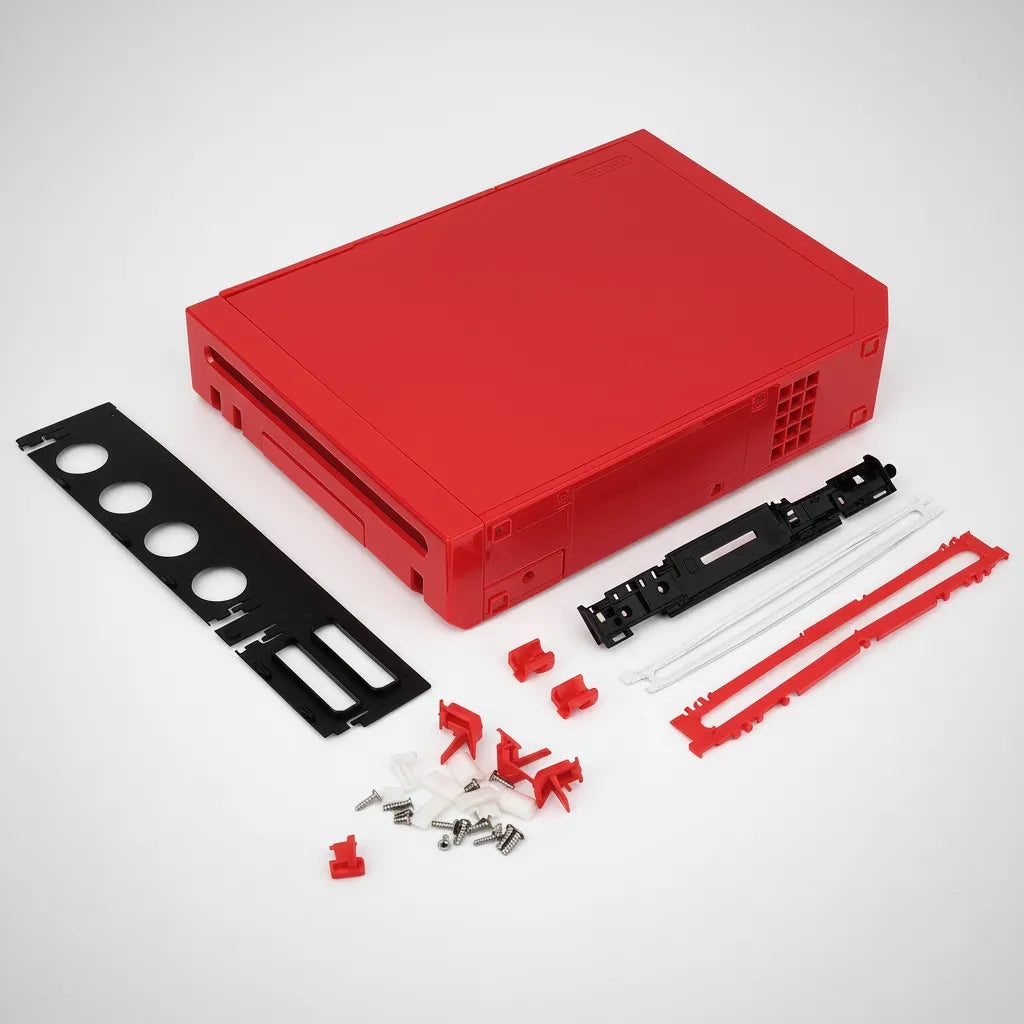 Complete Deep Rose Red Wii replacement shell kit on white with rails, IO shield, clips and screws, ModxGaming UK