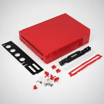 Complete Deep Rose Red Wii replacement shell kit on white with rails, IO shield, clips and screws, ModxGaming UK