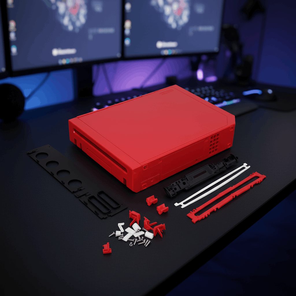 Red Wii aftermarket housing shell on an RGB dual-monitor gaming desk with disc rails and screws, buy online UK