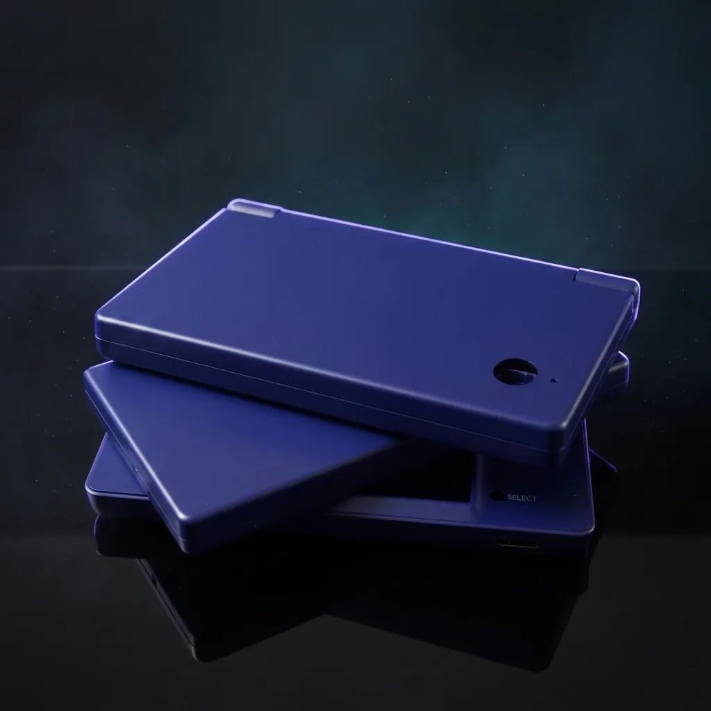 Deep Sea Blue DSi replacement shells stacked on a dark desk, deep indigo housing for a modded Nintendo DSi