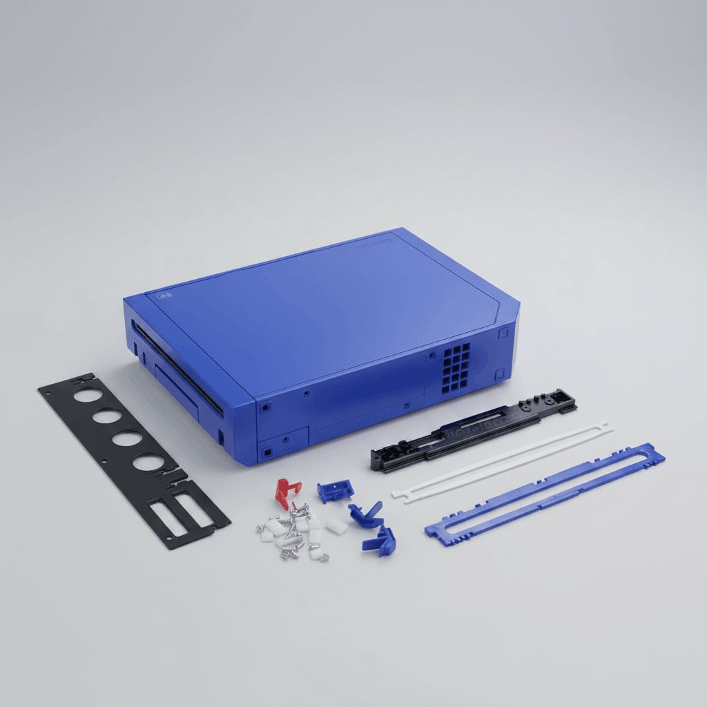 Complete Deep Sea Blue Wii replacement shell kit on white with rails, IO shield, clips and screws, ModxGaming UK
