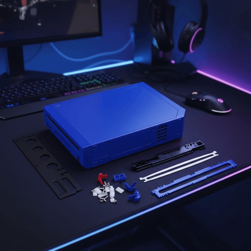 Blue Wii aftermarket housing shell on a purple RGB gaming desk with disc drive rails and clips, buy online UK