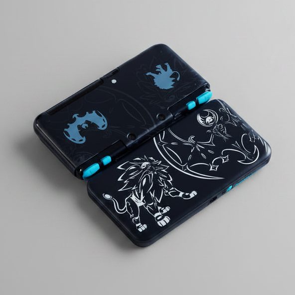 Open Digital Rain New 2DS XL shell in black featuring cyan and white etched creature designs