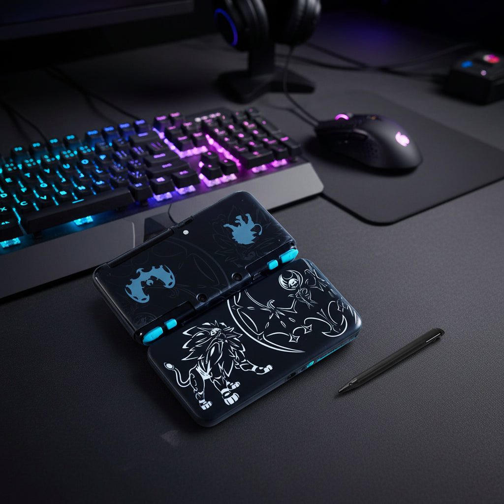 Black Digital Rain New 2DS XL housing with glowing cyan artwork shown open on a gaming desk