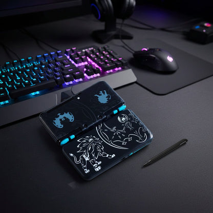 Black Digital Rain New 2DS XL housing with glowing cyan artwork shown open on a gaming desk