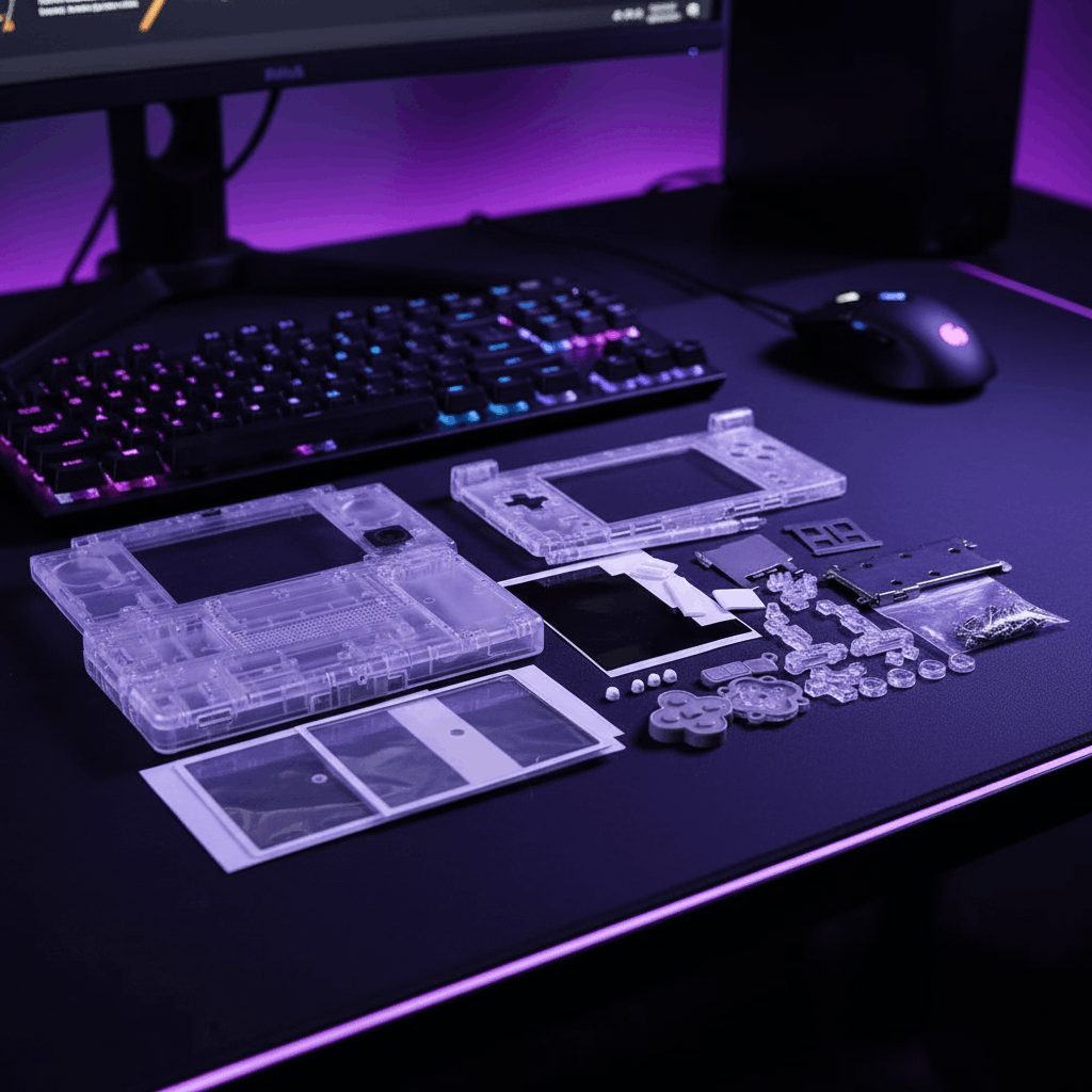 See-through Drift King DSi shell components on a gaming desk lit purple - ModxGaming UK