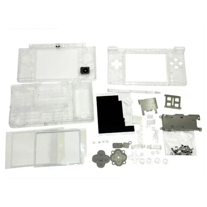 Full Drift King clear DSi replacement shell kit flat-lay on white with buttons, frames and screws