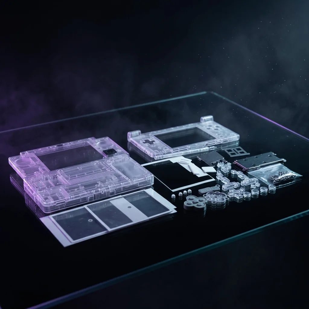 Drift King clear transparent DSi shell mod kit laid out on a glass desk with purple lighting