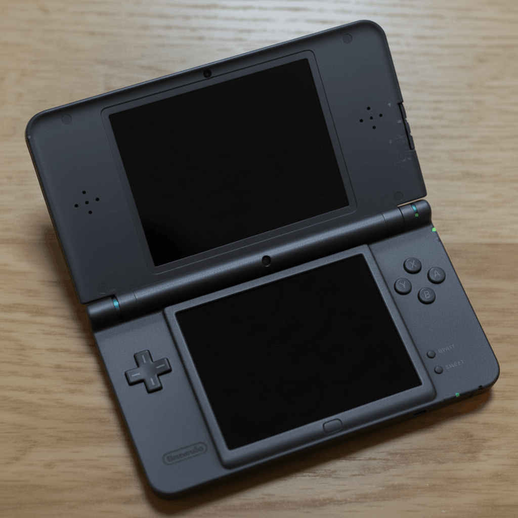 Nintendo DSi XL modded console black edition closed view with pre-installed games emulators and custom firmware
