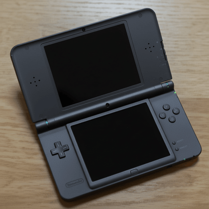Nintendo DSi XL modded console black edition closed view with pre-installed games emulators and custom firmware