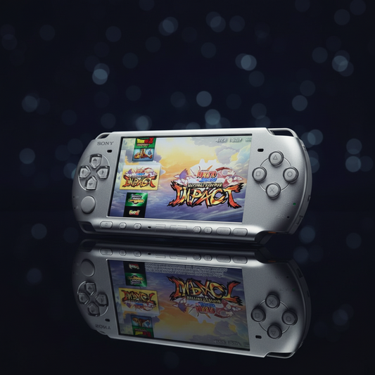 Modded PSP-2000 handheld console in ice silver, angled on a dark reflective surface with cinematic bokeh lighting and Naruto Ultimate Ninja Impact on screen — ModxGaming UK