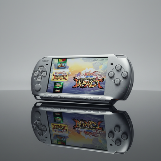 Modded PSP-2000 handheld console in ice silver, angled on a light reflective studio surface with Naruto Ultimate Ninja Impact on screen — ModxGaming UK