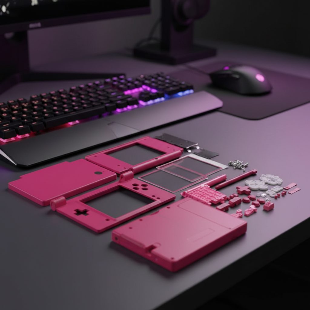 Deep pink Echo Line DSi shell components arranged on an RGB gaming desk - ModxGaming UK