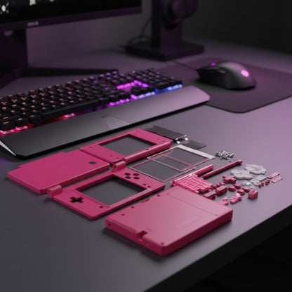 Deep pink Echo Line DSi shell components arranged on an RGB gaming desk - ModxGaming UK
