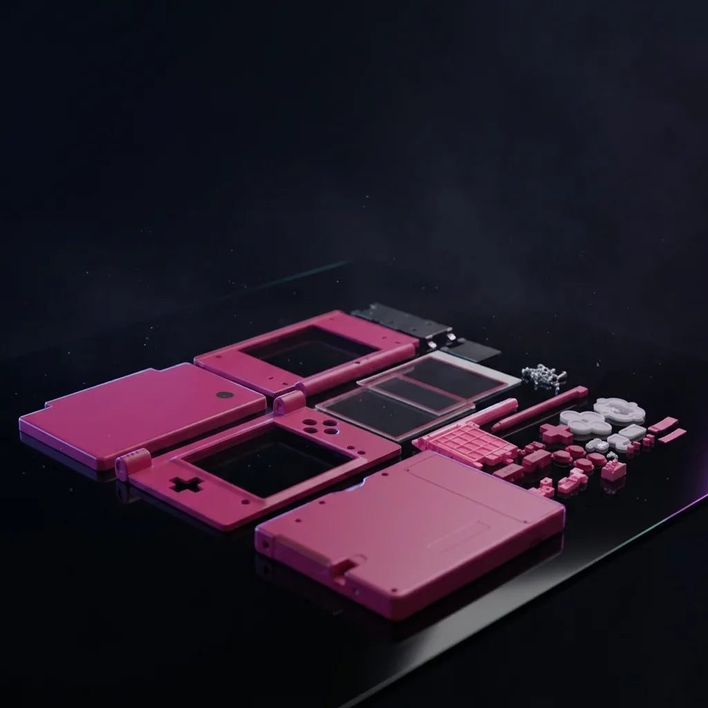 Echo Line magenta DSi replacement shell parts laid out on a dark desk, pink modded Nintendo DSi housing
